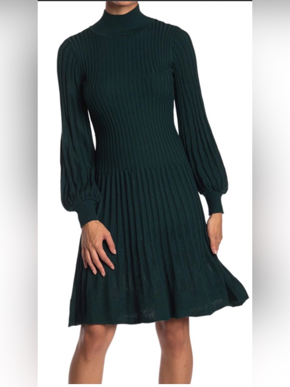 Max Studio Forest Green Ribbed Knit Balloon-Sleeve Dress